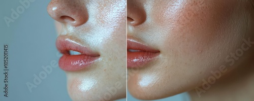 Detailed shot of a womans cheeks, showing beforeandafter dermal filler treatment One side is gaunt, while the other appears plump and rejuvenated photo