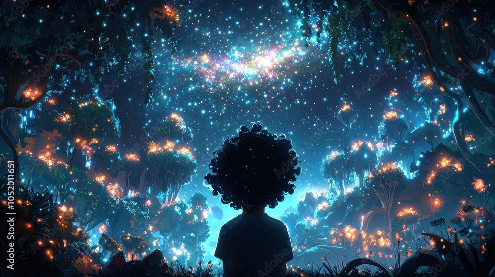 A child gazes at a starry night sky filled with vibrant colors in a mystical forest, igniting wonder and imagination in a magical setting. A child gazes at a starry night sky filled with vibrant colors in a mystical forest, igniting wonder and imagination in a magical setting.