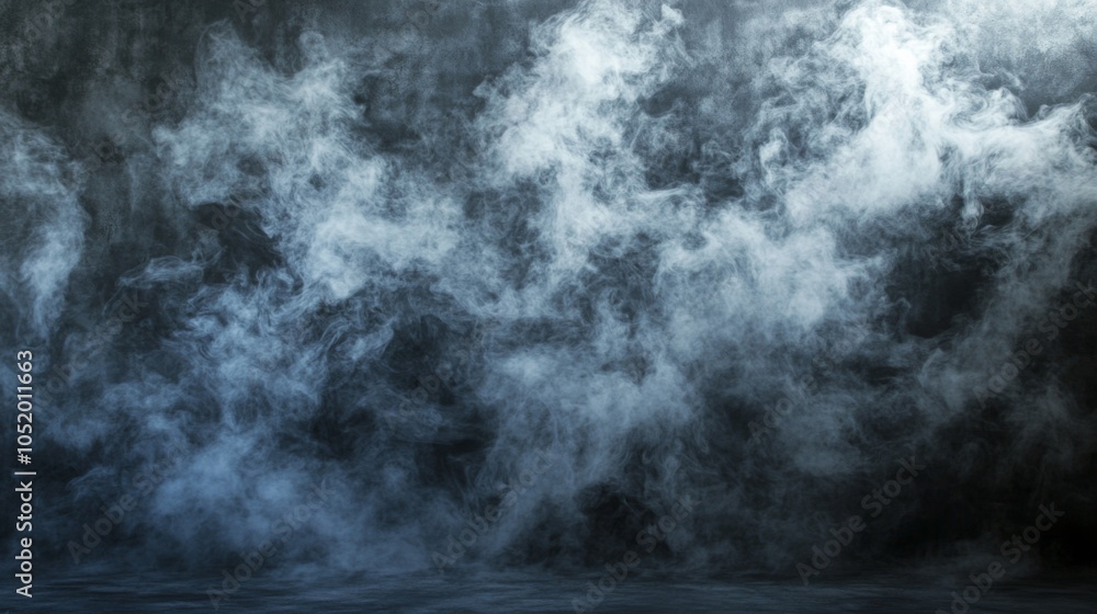 Fototapeta premium Ethereal mist swirls across a dark background, creating a moody and atmospheric scene filled with shades of gray and hints of blue.