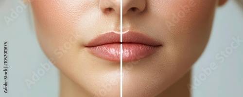 Detailed shot of a womans cheeks, showing beforeandafter dermal filler treatment One side is gaunt, while the other appears plump and rejuvenated