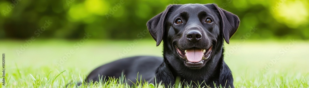 A cheerful black Labrador retriever lying in green grass, showcasing its playful nature and friendly personality in a serene outdoor setting.