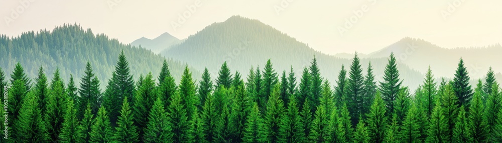 Fototapeta premium A serene landscape showcasing a lush forest with towering pine trees and distant mountains, evoking tranquility and natural beauty.