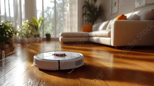 A Robotic Vacuum Cleaner Moving Across a Hardwood Floor, Efficiently Picking Up Dust and Debris – Smart Home Cleaning Technology Offering Convenience and Automation
