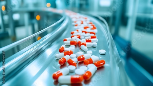 Wallpaper Mural Streamlined production of pharmaceutical capsules on a conveyor belt in a modern facility environment Torontodigital.ca