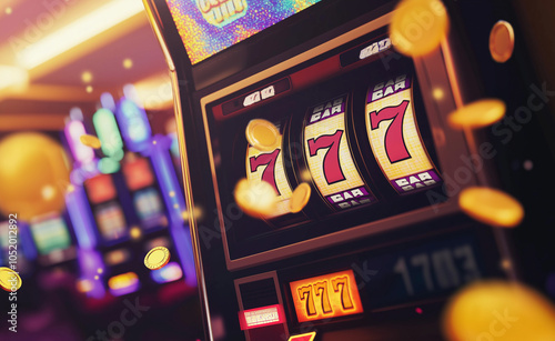 Slot Machine Jackpot with Gold Coins in Casino: A brightly lit slot machine showing a winning combination of sevens, with gold coins flying in the foreground. photo