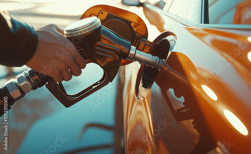 Refueling Car with Gas Pump at Station: A close-up of a person refueling a car with a gas pump, emphasizing the action of filling up the vehicle. photo