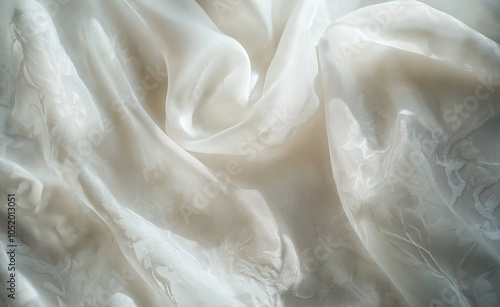 Elegant White Damask Fabric with Floral Pattern: A close-up of luxurious white damask fabric with a delicate floral pattern, showcasing elegance and texture. photo