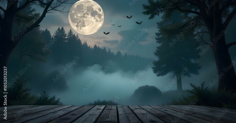 Fototapeta premium A full moon in a night sky with bats flying, surrounded by a dark, misty forest with a wooden platform in the foreground.