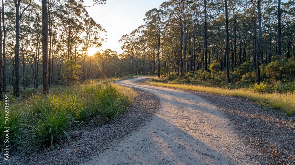 Fototapeta premium Winding Dirt Road Through Forest at Sunset