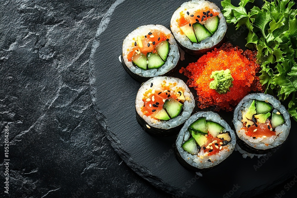 Salmon and avocado maki rolls with bright orange fish roe arranged on a dark slate platter Salmon and avocado maki rolls with bright orange fish roe arranged on a dark slate platter