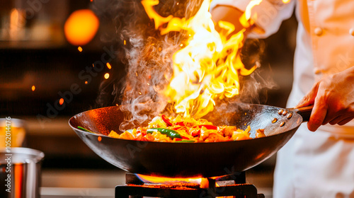 Fiery Wok Magic: A close-up view of a chef's hand deftly tossing ingredients in a sizzling wok, flames leaping from the pan, creating a dramatic and captivating image of culinary passion. photo