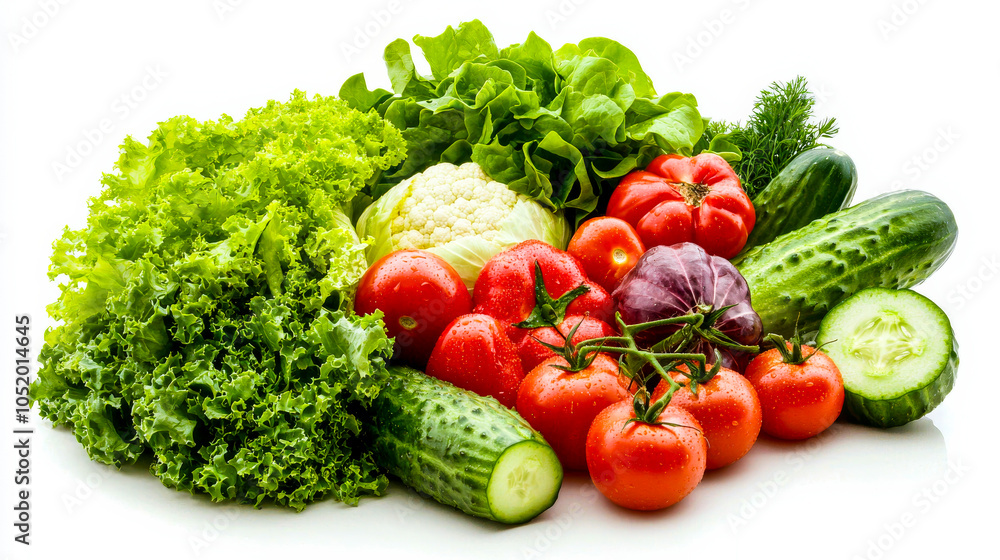 Vibrant Vegetable Harvest: A bountiful mix of fresh, ripe tomatoes, crisp cucumbers, and lush lettuce leaves creates a visually appealing and healthy still life. Vibrant Vegetable Harvest: A bountiful mix of fresh, ripe tomatoes, crisp cucumbers, and lush lettuce leaves creates a visually appealing and healthy still life.