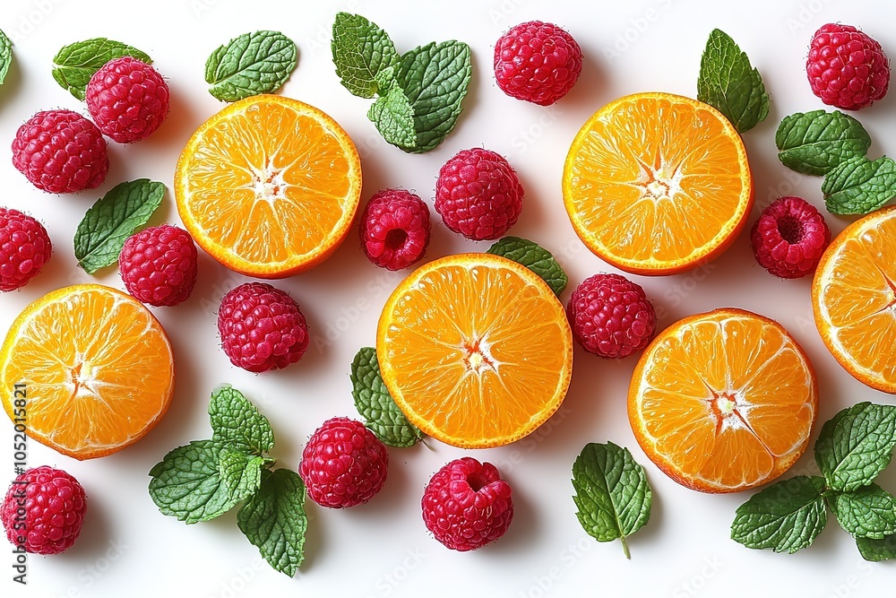 A vibrant arrangement of orange slices, raspberries, and mint leaves on a white background. A vibrant arrangement of orange slices, raspberries, and mint leaves on a white background.