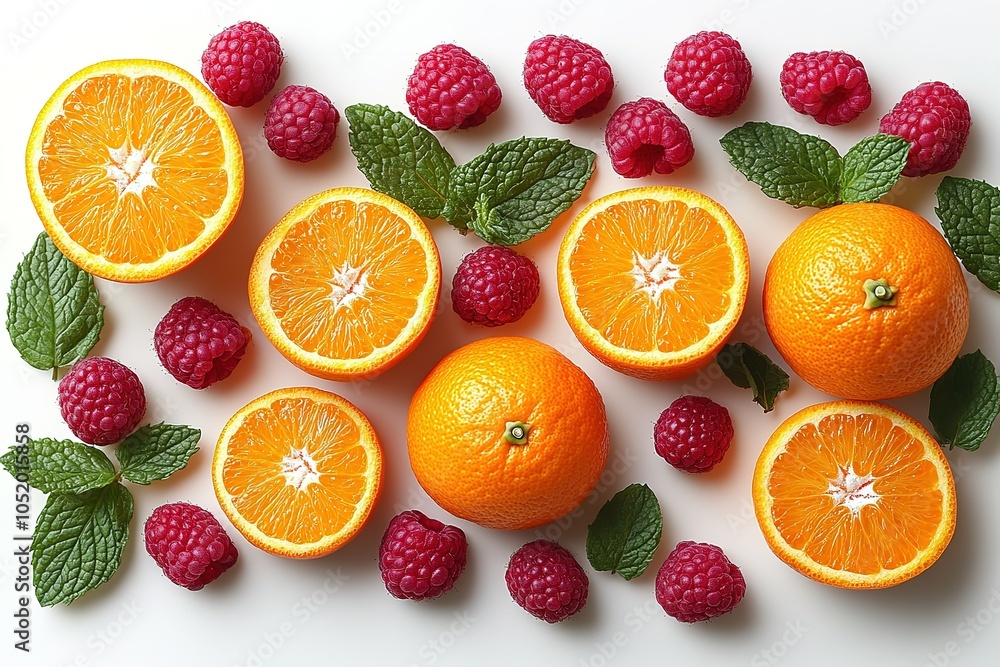 Vibrant citrus fruits and raspberries with mint leaves are artfully arranged on a white background. Vibrant citrus fruits and raspberries with mint leaves are artfully arranged on a white background.