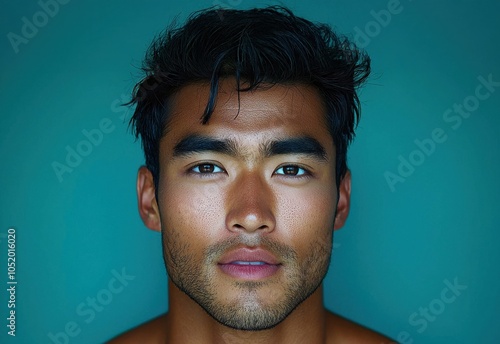 Portrait of a young man with striking features against a vibrant teal background, showcasing confidence and charisma in a close-up shot.