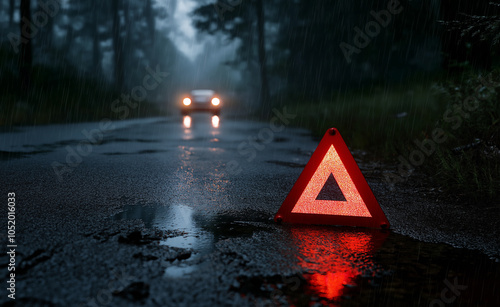 Car Breakdown with Warning Triangle in Rainy Forest Road: A car stopped on a dark, rainy forest road with a warning triangle placed in the foreground. photo