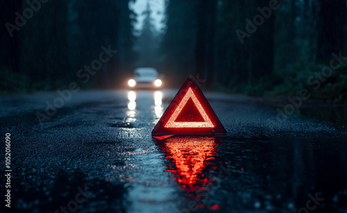 Car Breakdown with Warning Triangle in Rainy Forest Road: A car stopped on a dark, rainy forest road with a warning triangle placed in the foreground. photo