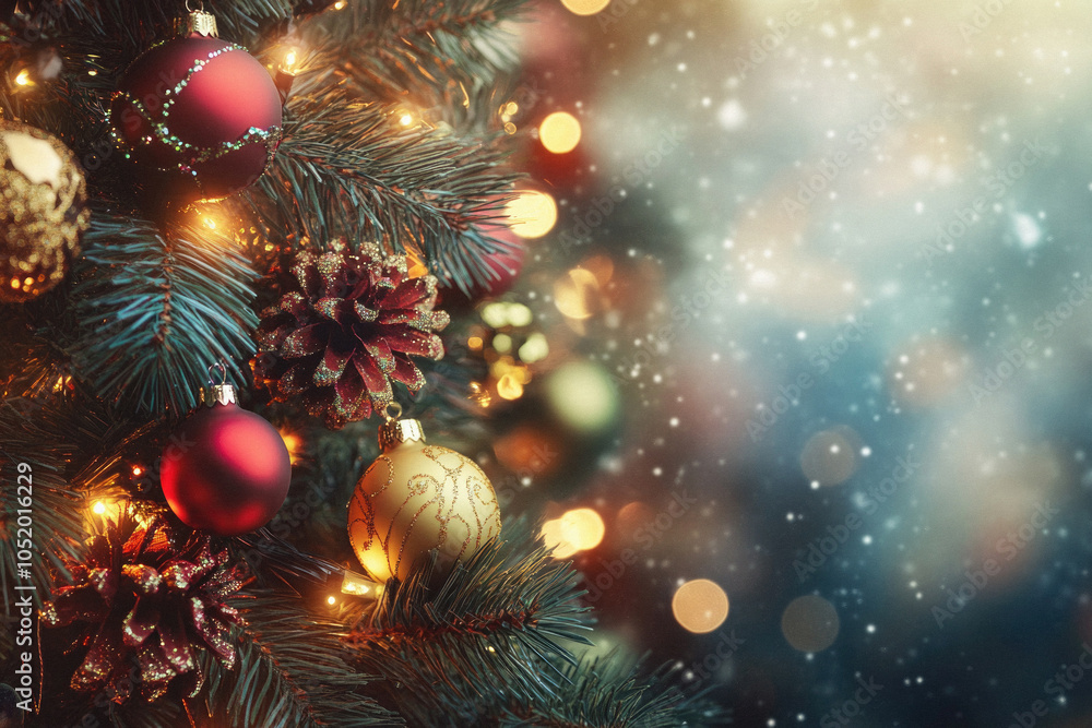 A Christmas tree with many ornaments, including a large red ball. The tree is lit up, creating a warm and festive atmosphere A Christmas tree with many ornaments, including a large red ball. The tree is lit up, creating a warm and festive atmosphere