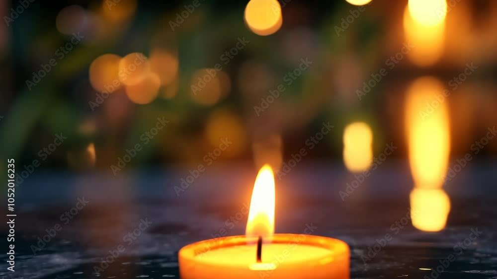 A single candle burns brightly against a backdrop of warm, blurry lights A single candle burns brightly against a backdrop of warm, blurry lights