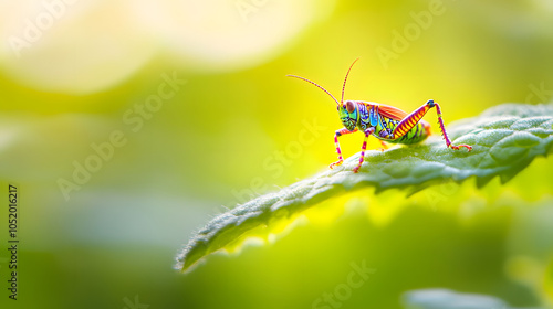 Vividly Colorful Painted Grasshopper (Poekilocerus pictus) Among Lush Greenery in a Sunlit Garden Scene photo