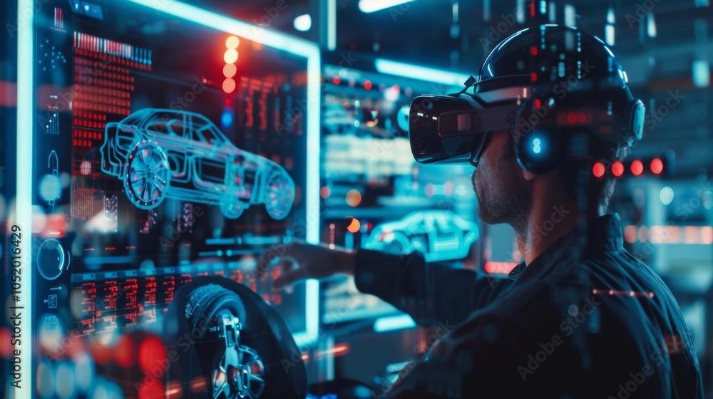 A car mechanic using a 5Genhanced VR program to practice diagnosing and repairing complex engine issues in a virtual garage. A car mechanic using a 5Genhanced VR program to practice diagnosing and repairing complex engine issues in a virtual garage.