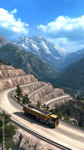 The yellow mining truck navigates through an open-pit mine surrounded by mountains and a clear sky, showcasing industrial activity