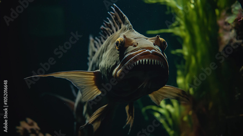 Predatory Fish Underwater Close-Up: A menacing fish with sharp teeth swimming in a dark, underwater environment surrounded by plants. photo