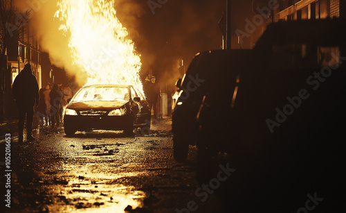 Car on Fire in Dark Urban Street: A burning car engulfed in flames on a dimly lit street at night, creating an intense, dramatic scene. photo