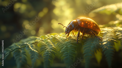 Enchanting Capture of a Christmas Beetle (Anoplognathus spp.) Illuminated by Sunlight as It Crawls on a Fern in Its Natural Summer Habitat photo