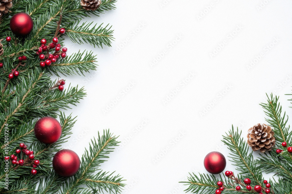 A Christmas tree with red balls and pine cones. The tree is surrounded by a white background. The image conveys a festive and joyful mood, as it is a representation of the holiday season A Christmas tree with red balls and pine cones. The tree is surrounded by a white background. The image conveys a festive and joyful mood, as it is a representation of the holiday season
