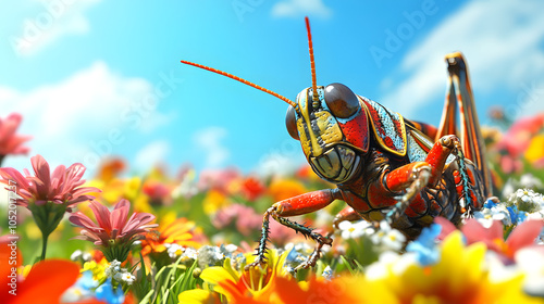 Artistic Representation of a Painted Grasshopper (Poekilocerus pictus) Blending Harmoniously with Flower Garden Under Clear Blue Sky photo