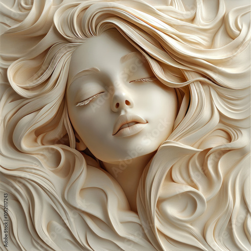 3D bas-relief of a girl, close-up portrait in vanilla and beige tones. Decor of exhibition and presentation interiors for advertising products for women, template for greeting, romantic cards, invitat photo