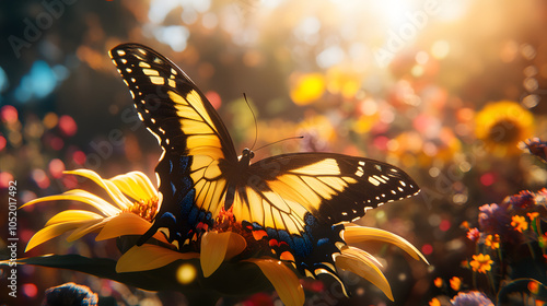 The Common Yellow Swallowtail Butterfly Relaxing on a Sunflower in a Vibrant Field Full of Blooming Flowers photo