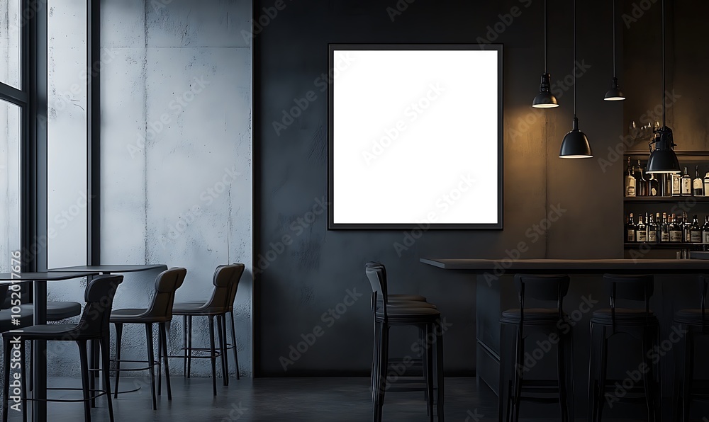 A modern bar interior featuring a blank frame and stylish furniture. A modern bar interior featuring a blank frame and stylish furniture.