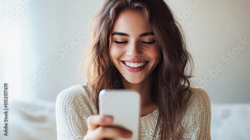 Smiling woman engrossed in mobile phone, a captivating image of modern communication and digital connectivity photo