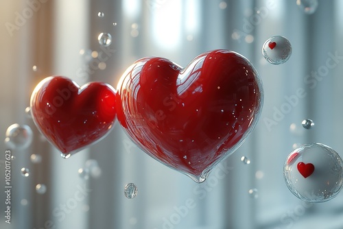 Two shiny red hearts encased in water droplets against a bright background. photo