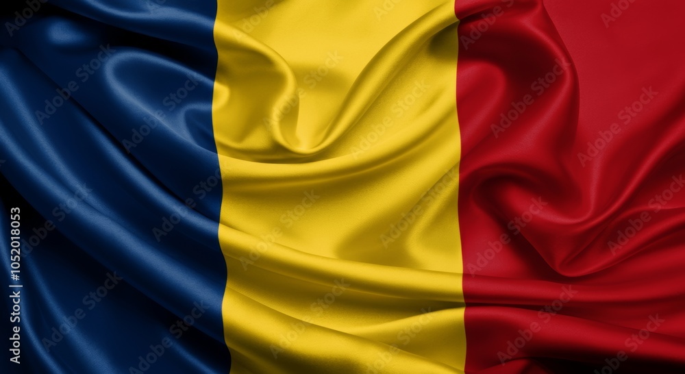 Fototapeta premium Chad national flag with silk texture in blue, yellow, and red