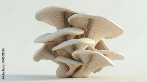 Close-Up of Oyster Mushrooms on White Background: A cluster of fresh oyster mushrooms with delicate gills on a simple white background.