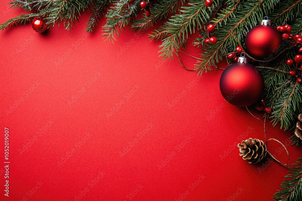 A red background with a Christmas tree and two red ornaments. The background is a deep red color, and the tree is green. The ornaments are large and shiny, and they are placed on the tree A red background with a Christmas tree and two red ornaments. The background is a deep red color, and the tree is green. The ornaments are large and shiny, and they are placed on the tree