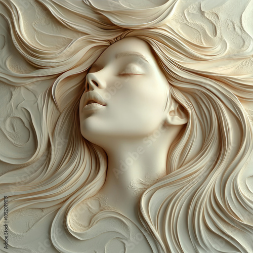 3D bas-relief of a girl, close-up portrait in vanilla and beige tones. Decor of exhibition and presentation interiors for advertising products for women, template for greeting, romantic cards, invitat photo