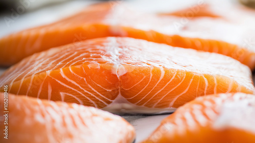 Fresh Salmon Fillets Close-Up: Close-up of neatly arranged raw salmon fillets with visible marbling, showcasing freshness and quality. photo