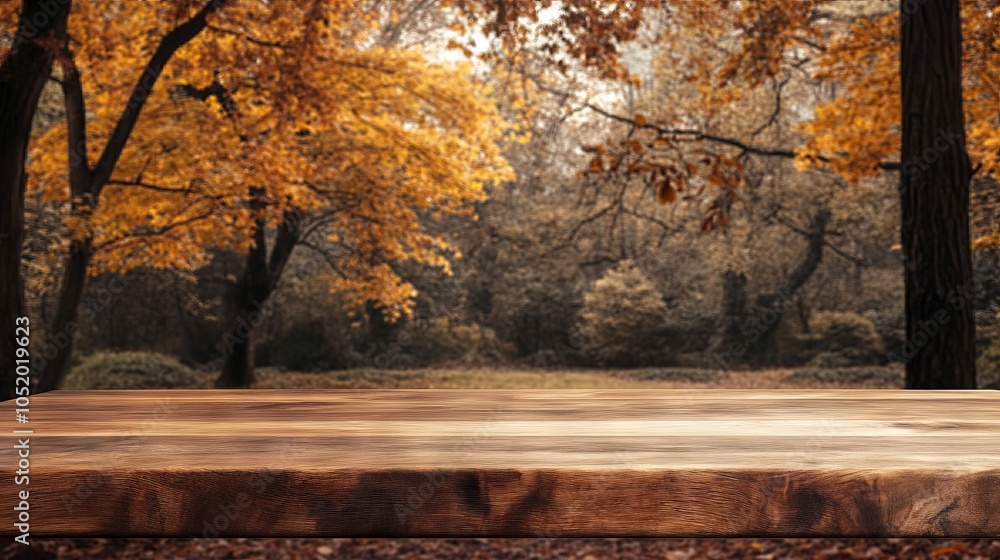 Autumn forest backdrop with wooden tabletop for product display. AI generated illustration