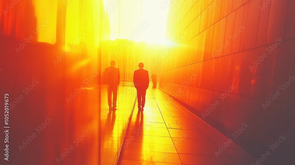 Businessman Walking Towards Sunlight in Modern City Architecture Businessman Walking Towards Sunlight in Modern City Architecture