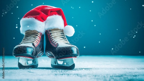 figure skates with red santa claus hat on ice