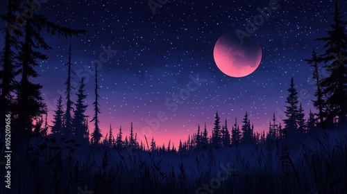 Silhouetted Trees and a Pink Moon Under a Starry Night Sky photo