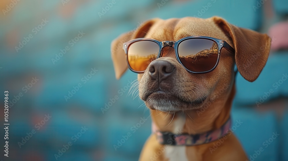 charming 3d illustration of a cool dog wearing sunglasses, set against a playful background with ample copy space for creative designs or promotional messages