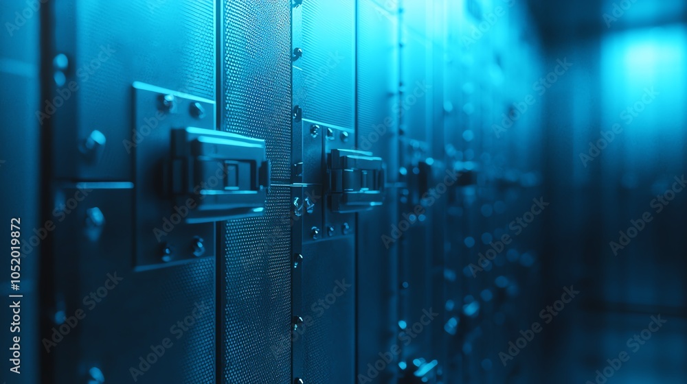 A close-up view of metallic vault doors illuminated in a blue hue, suggesting secrecy and security within a bank or storage facility. A close-up view of metallic vault doors illuminated in a blue hue, suggesting secrecy and security within a bank or storage facility.