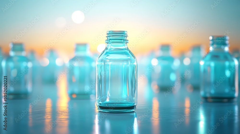 Elegant simplicity, a study of light and form in collection of glass bottles on blurred background Elegant simplicity, a study of light and form in collection of glass bottles on blurred background