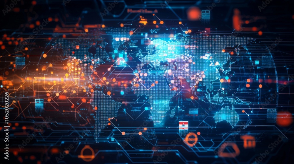A digital world map with flags representing various international headquarters A digital world map with flags representing various international headquarters