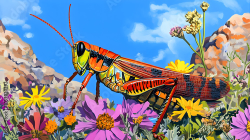 Artistic Representation of a Painted Grasshopper (Poekilocerus pictus) Blending Harmoniously with Flower Garden Under Clear Blue Sky photo